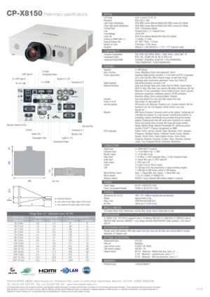 Page 2CP-X8150Preliminary specificationsOPTICALLCD Panel 0.63 (1.6cm) P-Si TFT x3
Resolution XGA (1024 x 768)
Light Output (Brightness) 5000 ANSI Lumens (Normal Mode)/3500 ANSI Lumens (Eco Mode)
Colour light output (Brightness) 5000 ANSI Lumens (Normal Mode)/3500 ANSI Lumens (Eco Mode)
Contrast Ratio 3000:1 (Presentation Mode)
Lens Powered Zoom x 1.5, Powered Focus
Lamp Wattage 245 W UHP 
Lamp Life 2500 Hours (Normal Mode)/4000 Hours (Eco Mode)*
Distance to Width Ratio (:1) 1.5 (Wide), 2.2 (Tele)
Diagonal...