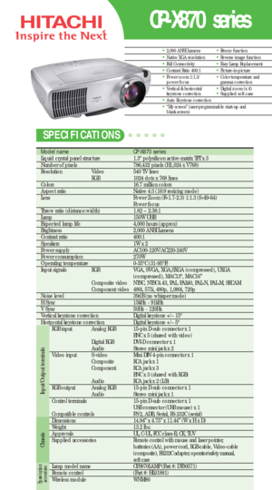 Page 1•2,000 ANSI Lumens•Native XGA resolution•Full Connectivity•Contrast Ratio 400:1•Power zoom 1:1.3/ 
power focus
•Vertical & horizontal 
keystone correction
•Auto Keystone correction•“My screen” (user-programmable start-up and 
blank screen)
•Freeze function•Reverse image function•Easy Lamp Replacement•Picture-in-picture•Color temperature and 
gamma correction
•Digital zoom (x 4)•Supplied soft case
Model name   CP-X870 series
Liquid crystal panel structure   1.3“ polysilicon active-matrix TFT x 3 
Number...