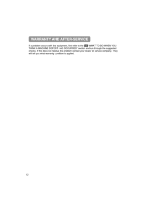 Page 1312
If a problem occurs with the equipment, first refer to the        “WHAT TO DO WHEN YOU
THINK A MACHINE DEFECT HAS OCCURRED” section and run through the suggested
checks. If this does not resolve the problem contact your dealer or service company. They
will tell you what warranty condition is applied.
WARRANTY AND AFTER-SERVICE
8 