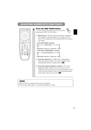 Page 4723
•May not function properly with some input signals.
• This function takes about 10 seconds to display an image.
NOTES
ADJUSTING SCREEN WITH ONE-TOUCH
1Press the ONE TOUCH button
You can activate the following functions just by
pressing the ONE TOUCH button:
(1) Signal search:Cycle through input signals, displaying
the images of retrieved signals. If no signal is found,
returns to the signal that was selected before the search
was begun.
(2) Automatic adjustment:In RGB mode, automatically
adjust the...