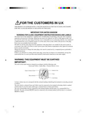 Page 22
FOR THE CUSTOMERS IN U.K
THIS PRODUCT IS SUPPLIED WITH A TWO PIN MAINS PLUG FOR USE IN MAINLAND EUROPE.
FOR THE U.K PLEASE REFER TO THE NOTES ON THIS PAGE.
IMPORTANT FOR UNITED KINGDOM
WORDING FOR CLASS I EQUIPMENT INSTRUCTION BOOKS AND LABELS
The mains lead on this equipment is supplied with a moulded plug incorporating a fuse, the value of which is
indicated on the pin face of the plug. Shoud the fuse need to be replaced, an ASTA or BSI approved BS 1362
fuse must be used of the same rating. If the...