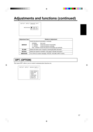 Page 1717
Adjustments and functions (continued)
Adjustment Item
MIRROR
BLANK
REVEAL
MESSAGE
OPT. (OPTION)
The menu OPT. allows you to control communication function etc.
SETUP INPUT  IMAGE  OPT.
TURN ON
TURN OFF
MESSAGE
SETUP INPUT  IMAGE  OPT.
COM. SPEED
COM. BITS
TIMER
LANGUAGE
AUTO OFF
START UP
Details of adjustment
Inverts the picture horizontally or vertically.
NORMAL Not invert.
H : INVERT Inverts the picture horizontally.
V : INTERT Inverts the picture vertically.
H&V : INVERT Inverts the picture...