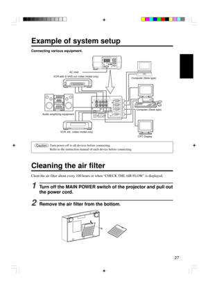 Page 2727
Example of system setup
Connecting various equipment.
CautionTurn power off to all devices before connecting.
Refer to the instruction manual of each device before connecting.
Cleaning the air filter
Clean the air filter about every 100 hours or when ÒCHECK THE AIR FLOWÓ is displayed.
1Turn off the MAIN POWER switch of the projector and pull out
the power cord.
2Remove the air filter from the bottom.
CRT Display Computer (Note type)
Computer (Desk type) AC Inlet
VCR with S-VHS out (video model only)...