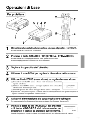 Page 121121
Operazioni di base
Per proiettare
2
4 57
VIDEO
STANDBY/ON
RGB
POSITION LASER
MENURESET
MAGNIFY
FREEZE
OFFVOLUME
P in PMUTE
AUTOBLANKTIMER
FOCUSZOOM
2
35
4
7
1
1Attivare l’interruttore dell’alimentazione elettrica principale del proiettore [ I: ATTIVATO].
• L’indicatore POWER arancione si illuminerà.
2Premere il tasto STANDBY / ON (ATTESA / ATTIVAZIONE)
• L’indicatore POWER lampeggerà prima in verde, quindi in verde chiaro.
• La luce lampeggiante verde indica la fase di riscaldamento.
3Togliere il...