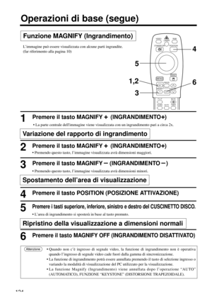 Page 124124
1Premere il tasto MAGNIFY+(INGRANDIMENTO+)
• La parte centrale dellimmagine viene visualizzata con un ingrandimento pari a circa 2x.
2Premere il tasto MAGNIFY+(INGRANDIMENTO+)
• Premendo questo tasto, l’immagine visualizzata avrà dimensioni maggiori.
3Premere il tasto MAGNIFY–(INGRANDIMENTO–)
• Premendo questo tasto, l’immagine visualizzata avrà dimensioni minori.
4Premere il tasto POSITION (POSIZIONE ATTIVAZIONE)
5Premere i tasti superiore, inferiore, sinistro e destro del CUSCINETTO DISCO.
• L’area...