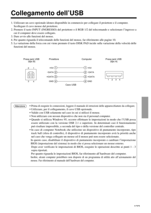 Page 133133
Collegamento dell’USB
1. Utilizzare un cavo opzionale idoneo disponibile in commercio per collegare il proiettore e il computer. 
Scollegare il cavo mouse dal proiettore.
2. Premere il tasto INPUT (INGRESSO) del proiettore o il RGB 1/2 del telecomando e selezionare l’ingresso a
cui il computer deve essere collegato.
3. Dare avvio alle funzioni del mouse.
4. Per quanto riguarda il telecomando delle funzioni del mouse, far riferimento alle pagine 10.
5. La variazione della forza con cui viene premuto...