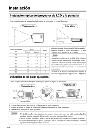 Page 156156
Instalación
Instalación típica del proyector de LCD y la pantalla
Utilización de las patas ajustables
a. Distancia desde el proyector LCD a la pantalla
b. Distancia desde el centro del objetivo a la parte
inferior de la pantalla (a, b: +/- 10%).
Las distancias de proyección indicadas en el diagrama de
la izquierda son para tamaño completo (1,024 x 768 puntos).
Normalmente, el proyector de LCD debe utilizarse
nivelado (las patas pueden quedar dirigidas hacia arriba).
Si posiciona el proyector de...