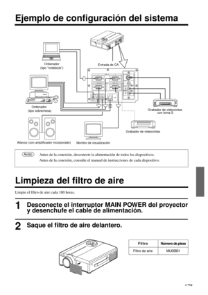 Page 175175
RGB  IN 12
CONTROL RGB  OUTS-VIDEO  IN
VIDEO  IN
AUDIO  IN
L
MONO
R
USB AUDIO
OUT AUDIO  IN
12
Ejemplo de configuración del sistema
Limpieza del filtro de aire
Antes de la conexión, desconecte la alimentación de todos los dispositivos.
Antes de la conexión, consulte el manual de instrucciones de cada dispositivo.Aviso
Entrada de CA
Grabador de videocintas 
con toma S
Grabador de videocintas
Altavoz (con amplificador incorporado)
Monitor de visualización Ordenador 
(tipo sobremesa)Ordenador 
(tipo...