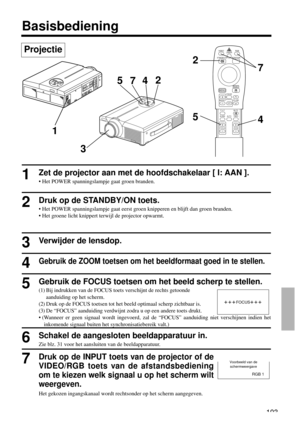 Page 193193
Basisbediening
Projectie 
2
4 57
VIDEO
STANDBY/ON
RGB
POSITION LASER
MENURESET
MAGNIFY
FREEZE
OFFVOLUME
P in PMUTE
AUTOBLANKTIMER
FOCUSZOOM
2
35
4
7
1
1Zet de projector aan met de hoofdschakelaar [ I: AAN ].
• Het POWER spanningslampje gaat groen branden.
2Druk op de STANDBY/ON toets.
• Het POWER spanningslampje gaat eerst groen knipperen en blijft dan groen branden.
• Het groene licht knippert terwijl de projector opwarmt.
3Verwijder de lensdop.
4Gebruik de ZOOM toetsen om het beeldformaat goed in...