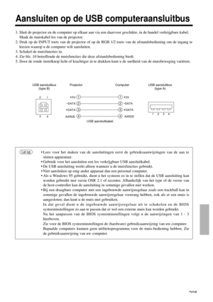 Page 205205
Aansluiten op de USB computeraansluitbus
1. Sluit de projector en de computer op elkaar aan via een daarvoor geschikte, in de handel verkrijgbare kabel.  
Maak de muiskabel los van de projector.
2. Druk op de INPUT toets van de projector of op de RGB 1/2 toets van de afstandsbediening om de ingang te
kiezen waarop u de computer wilt aansluiten.
3. Schakel de muisfuncties in.
4. Zie blz. 10 betreffende de muisfuncties die deze afstandsbediening biedt.
5. Door de ronde instelknop licht of krachtiger in...