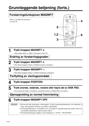 Page 2321Trykk knappen MAGNIFY +.
• Den midtre delen av bildet vil forstørres cirka 2X.
2Trykk knappen MAGNIFY +.
• Når denne knappen trykkes vil bildet forstørres ytterligere.
3Trykk knappen MAGNIFY –.
• Når denne knappen trykkes vil bildet forminskes ytterligere.
4Trykk knappen POSITION.
5Trykk øverste, nederste, venstre eller høyre del av DISK PAD.
• Det forstørrede bildet vil forflyttes i henhold til delen av DISK PAD som trykkes.
6Trykk knappen MAGNIFY OFF.
232
VIDEO
STANDBY/ON
RGB
POSITION LASER
MENU...