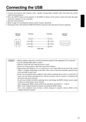 Page 2525
Connecting the USB
1. Connect the projector and computer with a suitable commercially available cable. Disconnect the mouse
cable from the projector.
2. Press the INPUT button of the projector or the RGB 1/2 button of the remote control and select the input
where the computer is to be connected.
3. Start the mouse function.
4. Refer to page 10 concerning the remote control of mouse operations.
5. Varying the force with which the DISK PAD button is pressed varies the speed of mouse operation.
1
2
3
4...