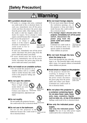 Page 44
nIf a problem should occur.
•If smoke or a strange odor arise, continued
use could result in fire or electrical shock. In
such case, immediately turn off the power
switch and then disconnect the power plug
from the power outlet. After making sure that
the smoke or odor has stopped, contact your
dealer for repairs. Never attempt to make
repairs yourself because this is dangerous.
•Do not use this projector if
there is no image or
sound, or if the sound is
distorted. Continued use
could result in fire...