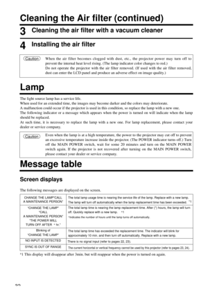 Page 3232
Cleaning the Air filter (continued)
3Cleaning the air filter with a vacuum cleaner
4Installing the air filter
When the air filter becomes clogged with dust, etc., the projector power may turn off to
prevent the internal heat level rising. (The lamp indicator color changes to red.)
Do not operate the projector with the air filter removed. (If used with the air filter removed,
dust can enter the LCD panel and produce an adverse effect on image quality.)Caution
Lamp
Message table
Even when the lamp is at...