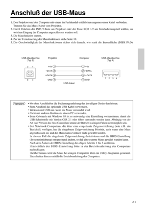 Page 6161
Anschluß der USB-Maus
1. Den Projektor und den Computer mit einem im Fachhandel erhältlichen angemessenen Kabel verbinden. 
Trennen Sie das Maus-Kabel vom Projektor.
2. Durch Drücken der INPUT-Taste am Projektor oder der Taste RGB 1/2 am Fernbedienungsteil wählen, an
welchen Eingang der Computer angeschlossen werden soll.
3. Die Mausfunktion starten.
4. Zur der Fernsteuerung der Mausfunktionen siehe Seite 10.
5. Die Geschwindigkeit der Mausfunktionen richtet sich danach, wie stark die Steuerfläche...