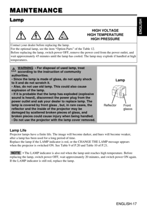 Page 18ENGLISH-17
ENGLISH
ENGLISH-17
MAINTENANCE MAINTENANCE
Lamp
HIGH VOLTAGE
HIGH TEMPERATURE
HIGH PRESSURE
Contact your dealer before replacing the lamp.
For the optional lamp, see the item “Option Parts” of the Table 12.
Before replacing the lamp, switch power OFF, remove the power cord from the power outlet, and
wait approximately 45 minutes until the lamp has cooled. The lamp may explode if handled at high
temperatures.
Lamp Life
Projector lamps have a finite life. The image will become darker, and hues...