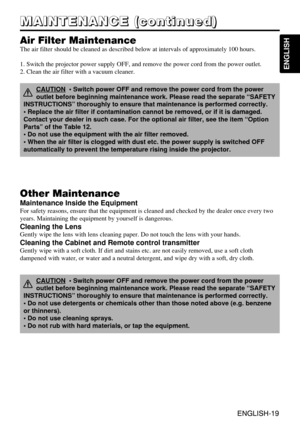 Page 20ENGLISH-19
ENGLISH
ENGLISH-19
M M M M
A A A A
I I I I
N N N N
T T T T
E E E E
N N N N
A A A A
N N N N
C C C C
E E E E
       
( ( ( (
c c c c
o o o o
n n n n
t t t t
i i i i
n n n n
u u u u
e e e e
d d d d
) ) ) )
Air Filter Maintenance
The air filter should be cleaned as described below at intervals of approximately 100 hours.
1. Switch the projector power supply OFF, and remove the power cord from the power outlet.
2. Clean the air filter with a vacuum cleaner.
Other Maintenance
Maintenance Inside the...