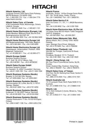 Page 40Printed in Japan*QR48171*
Hitachi America, Ltd.Computer Division 2000 Sierra Point Parkway,
MS760 Brisbane, CA 94005-1835
Tel: +1-800-225-1741  Fax: +1-650-244-7776
www.hitachi.com/lcd.
Hitachi Sales Corp. of Canada6740 Campobello Road, Mississauga, Ontario
L5N2L8, Canada
Tel: +1-905-821-4545  Fax: +1-905-821-1101
Hitachi Home Electronics (Europe), Ltd.Dukes Meadow, Millboard Road, Bourne End ,
Buckinghamshire SL8 5XF UK
Tel: +44-162-864-3000  Fax: +44-162-864-3400
Hitachi Home Electronics Europe Ltd426...