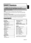 Page 2ENGLISH
Liquid Crystal Projector
USERS MANUAL USERS MANUAL
ENGLISH-1
Thank you for purchasing this liquid crystal projector.
CONTENTS CONTENTS
Page
FEATURES .......................................2
BEFORE USE ...................................2
Contents of Package ..............................2
Part Names.............................................3
Loading the Batteries..............................5
INSTALLATION ................................6
Installation of the Projector and Screen........6...