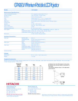 Page 2Model
Performance Specifications
Liquid crystal panel structure
Number of pixels
Resolution
Lens
Lamp 
Brightness
Contrast ratio
Speakers
Power supply
Power consumption
Operating temperature
Input signals RGB
COMPOSITE VIDEO
COMPONENT VIDEO
Noise level
Interface Connectors
RGB input  DIGITAL RGB
STANDARD RGB
AUDIO
RGB output  RGB
AUDIO
Video input  S-VIDEO
COMPOSITE VIDEO
COMPONENT VIDEO
AUDIO
Control terminals
Chassis 
Dimensions
Weight
Supplied Accessories
Remote control with laser pointer, batteries,...