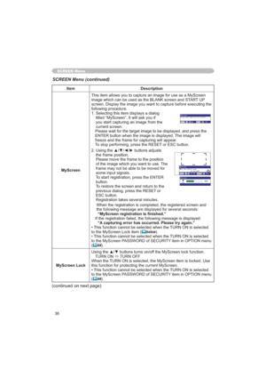 Page 3636
SCREEN Menu
Item Description
MyScreen
LPDJHZKLFKFDQEHXVHGDVWKH%/$1.VFUHHQDQG67$5783
WKH
IROORZLQJSURFHGXUH
6HOHFWLQJWKLVLWHPGLVSOD\VDGLDORJ
WLWOHG³0\6FUHHQ´,WZLOODVN\RXLI
\RXVWDUWFDSWXULQJDQLPDJHIURPWKH
FXUUHQWVFUHHQ

(17(5EXWWRQZKHQWKHLPDJHLVGLVSOD\HG7KHLPDJHZLOO
IUHH]HDQGWKHIUDPHIRUFDSWXULQJZLOODSSHDU
7RVWRSSHUIRUPLQJSUHVVWKH5(6(7RU(6&EXWWRQ
8VLQJWKHxz{yEXWWRQVDGMXVWV
WKHIUDPHSRVLWLRQ...