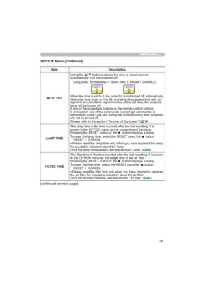 Page 3939
Item Description
AUTO OFF
DXWRPDWLFDOO\WXUQWKHSURMHFWRURII
/RQJPD[PLQXWHV
Ù6KRUWPLQPLQXWH ,6$%/(
$8722))
(1$%/(
PLQ$8722))
,6$%/(
PLQ
IDXWRPDWLFDOO\QR
MHFWRU
ODPSZLOOEHWXUQHGRII


HFWRU
ZLOOQRWEHWXUQHGRII
3OHDVHUHIHUWRWKHVHFWLRQ