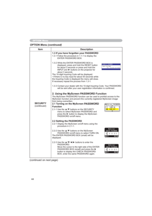 Page 4444
Item Description
SECURITY
FRQWLQXHG1.3 If you have forgotten your PASSWORD
)ROORZWKHSURFHGXUHLQWRGLVSOD\WKH
(17(53$66:25%2;
:KLOHWKH(17(53$66:25%2;LV
GLVSOD\HGSUHVVDQGKROGWKH5(6(7EXWWRQ
IRUDERXWVHFRQGVRUSUHVVDQGKROGWKH
,1387DQGyEXWWRQVRQWKHSURMHFWRUIRU
DERXWVHFRQGV
7KHGLJLW,QTXLULQJ&RGHZLOOEHGLVSOD\HG


,IQHFHVVDU\UHSHDWWKHSURFHVVIURP
