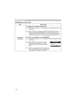 Page 4848
Item Description
SECURITY
FRQWLQXHG4.3 Setting the Transition Detector off
)ROORZWKHSURFHGXUHLQWRGLVSOD\WKH75$16,7,21(7(&725
RQRIIPHQX
6HOHFW78512))WRGLVSOD\WKH(17(53$66:25%2;ODUJH
(QWHUWKHUHJLVWHUHG3$66:25DQGWKHVFUHHQZLOOUHWXUQWRWKH
75$16,7,21(7(&725RQRIIPHQX,IDQLQFRUUHFW3$66:25LV

4.4 If you have forgotten your PASSWORD
)ROORZWKHSURFHGXUHLQWRGLVSOD\WKH75$16,7,21(7(&725
RQRIIPHQX...