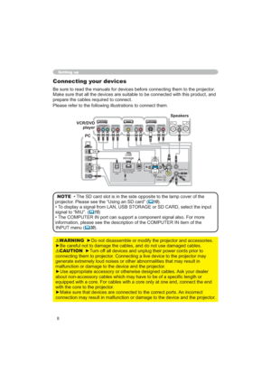 Page 88
Setting up
Connecting your devices
WRWKHSURMHFWRU
KWKLVSURGXFWDQG
SUHSDUHWKHFDEOHVUHTXLUHGWRFRQQHFW

WARNING
EOHV
CAUTIONy7XUQRI
FRQQHFWLQJWKHPWRSURMHFWRU&RQQHFWLQJDOLYHGHYLFHWRWKHSURMHFWRUPD\
UHVXOWLQ

$VN\RXUGHDOHU
QJWKRU
RQQHFWWKHHQG
ZLWKWKHFRUHWRWKHSURMHFWRU
$QLQFRUUHFW
GWKHSURMHFWRU
NOTE