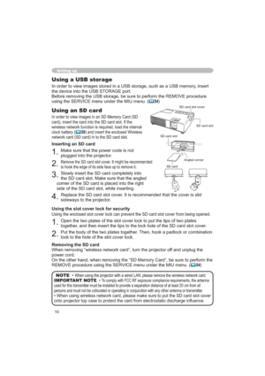 Page 1010
Setting up
Using a USB storage
PHPRU\LQVHUW
WKHGHYLFHLQWRWKH86%6725$*(SRUW
SURFHGXUH
XVLQJWKH6(59,&(PHQXXQGHUWKH0,8PHQX
	54
NOTE  • 
UHOHVVQHWZRUNFDUG
IMPORTANT NOTE  • 7HQQD
WLRQGLVWDQFHRIDWOHDVWFPIURPDOO
ZLWKDQ\RWKHUDQWHQQDRUWUDQVPLWWHU
6FDUGVORWFRYHU
GLVFKDUJHLQÀXHQFH
Using an SD card
,QRUGHUWRYLHZLPDJHVLQDQ60HPRU\&DUG6


FORFNEDWWHU\
	58DQGLQVHUWWKHHQFORVHG:LUHOHVV
QHWZRUNFDUG6FDUGLQWRWKH6FDUGVORW
Inserting an SD...