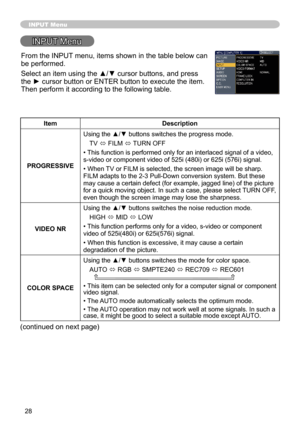 Page 28
8

INPUT Menu
INPUT Menu
ItemDescription
PROGRESSIVE
Using the ▲/▼ buttons switches the progress mode.
TV ó FILM ó TURN OFF
• This function is performed only for an interlaced signal of a video, s-video or component video of 525i (480i) or 625i (576i) signal.
• When TV or FILM is selected, the screen image will be sharp. FILM adapts to the 2-3 Pull-Down conversion system. But these may cause a certain defect (for example, jagged line) of the picture for a quick moving object. In such a case, please...