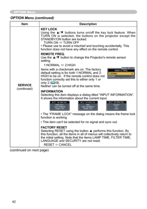 Page 42
4

ItemDescription
SERVICE(continued)
KEY LOCKUsing  the  ▲/▼  buttons  turns  on/off  the  key  lock  feature.  When TURN  ON  is  selected,  the  buttons  on  the  projector  except  the STANDBY/ON button are locked.TURN ON ó TURN OFF• Please use to avoid a mischief and touching accidentally. This function does not have any effect on the remote control.
REMOTE FREQ.Use the ▲/▼ button to change the Projector's remote sensor setting.
1:NORMAL ó 2:HIGH
Items with a checkmark are on. The factory...