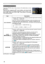 Page 38
38

OPTION Menu
OPTION Menu
ItemDescription
AUTO SEARCH
Using the ▲/▼ buttons turns on/off the automatic signal search function.
TURN ON ó TURN OFF
When the TURN ON is selected, detecting no signal automatically cycles through input ports in the following order. The search is started from the current port. Then when an input is found, the projector will stop searching and display the image. 
   COMPUTER IN1 ð COMPUTER IN2
   VIDEO  S-VIDEO  HDMI
AUTO 
KEYSTONE 
Using the ▲/▼ buttons turns on/off the...