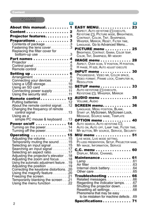 Page 22
About this manual  . . . . . . . . . .1
Content   .  .  .  .  .  .  .  .  .  .  .  .  .  .  .  .  .  . 2
Projector features   . . . . . . . . . .3
Preparations   . . . . . . . . . . . . . . 3 
Contents of package  .............3 
Fastening the lens cover  ..........3 
Replacing the filter cover for   
   bottom-up use  ................ 3
Part names   .  .  .  .  .  .  .  .  .  .  .  .  .  .  . 4 
Projector  . . . . . . . . . . . . . . . . . . . . . . 4 
Control panel  ................... 5 
Remote...