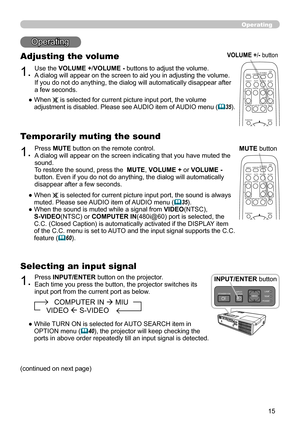 Page 1515
            COMPUTER IN  MIU 
        VIDEO  S-VIDEO
Operating
Operating
1.
Adjusting the volume
Use the VOLUME +/VOLUME - buttons to adjust the volume. 
A dialog will appear on the screen to aid you in adjusting the volume.  
If you do not do anything, the dialog will automatically disappear after 
a few seconds.
●   When 
 is selected for current picture input port, the volume 
adjustment is disabled. Please see AUDIO item of AUDIO menu ( 35).
1.Press MUTE button on the remote control.  
A dialog...