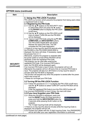 Page 4747
OPTION menu
OPTION menu (continued)
ItemDescription
SECURITY
(continued)
3. Using the PIN LOCK FunctionPIN LOCK is a function which prevents the projector from being used unless 
a registered Code is input.
3.1 Registering the PIN Code3.1-1   Use the ▲/▼ buttons on the SECURITY menu 
to select PIN LOCK and press the ► button 
or the ENTER button to display the PIN LOCK 
on/off menu.
3.1-2   Use the ▲/▼ buttons on the PIN LOCK on/off 
menu to select TURN ON and the PIN BOX 
will be displayed. 
3.1-3...