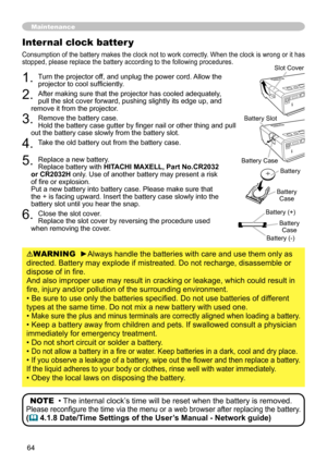 Page 6464
1. Turn the projector off, and unplug the power cord. Allow the 
projector to cool sufficiently.
2. After making sure that the projector has cooled adequately,  
pull the slot cover forward, pushing slightly its edge up, and 
remove it from the projector.
3. Remove the battery case. 
Hold the battery case gutter by finger nail or other thing and pull 
out the battery case slowly from the battery slot.
4. Take the old battery out from the battery case.
5. Replace a new battery. 
Replace battery with...