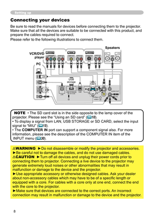 Page 88
Setting up
Connecting your devices
Be sure to read the manuals for devices before connecting them to the projector. 
Make sure that all the devices are suitable to be connected with this product, and 
prepare the cables required to connect.
Please refer to the following illustrations to connect them.
WARNING  ►Do not disassemble or modify the projector and accessories.
►Be careful not to damage the cables, and do not use damaged cables.
CAUTION  ►Turn off all devices and unplug their power cords prior...