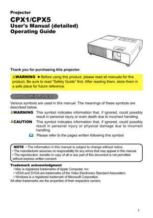 Page 1

Projector
CPX1/CPX5
User's Manual (detailed) 
Operating Guide
Thank you for purchasing this projector.
WARNING  ►Before using this product, please read all manuals for this 
product. Be sure to read “Safety Guide” first. After reading them, store them in 
a safe place for future reference.
About this manual
Various symbols are used in this manual. The meanings of these symbols are 
described below. 
WARNING This  symbol  indicates  information  that,  if  ignored,  could  possibly 
result in...