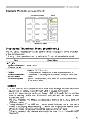 Page 49
49

USB STORAGE
Displaying Thumbnail Menu (continued .)
The “PC-LESS Presentation” can be controlled via control panel on the projector 
or the remote control. 
Following button operations can be valid while Thumbnail menu is displayed.
ItemDescription
▲/▼/◄/► on Remote control /Control panelMove cursor
“ENTER” on Remote control“INPUT/ENTER” on Control panel
Works as ENTER function
-  Display selected image in full screen, when the cursor is pointed one of the image on Thumbnail Display in Thumbnail...