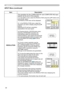 Page 30
30

INPUT Menu
ItemDescription
RESOLUTION
The resolution for the COMPUTER IN1 and COMPUTER IN2 input signals can be set on this projector.
(1) In the INPUT menu select the RESOLUTION using the ▲/▼ buttons and press the ► button.The RESOLUTION menu will be displayed.
(2)  In the RESOLUTION menu, select the resolution you wish to display using the ▲/▼ buttons. Selecting AUTO will set a resolution appropriate to the input signal.
(3) Pressing the ► or ENTER button when selecting a STANDARD resolution will...