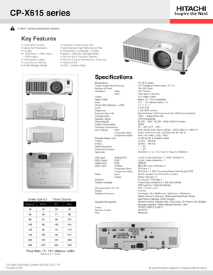 Page 1“e-Shot” Campus Notification System
All specifications subject to change without notice
Key Features
For sales infomation, please call 800.225.1741Printed 03.08
Diagonal*Width*Min*Max*
30243542
60487186
80649611 5
10080120144
12096144173
150120181217
200160242290
300240363436
Screen Size 4:3Throw Distance
Throw Ratio: 1.5 - 1.8:1 (distance : width)*Measured in inches
Model NameLiquid Crystal Panel StructureNumber of PixelsResolution Video   RGBColorsAspect RatioLensThrow Ratio (distance :...