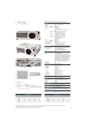 Page 2CP-X705 Technical Specifications
HITACHI DIGITAL MEDIA, Hitachi Europe Ltd, Whitebrook Park, Lower Cookham Road, Maidenhead, Berkshire  SL6 8YA  UNITED KINGDOM
Tel: +44 (0)1628 585 000   Fax:+44 (0)1628 585 500   www.hitachidigitalmedia.com
The specification above and photography is for reference only and may be subject to change.12/07
CP-X705
a:Projection Distance
b:Lens centre to the higher edge of the screen
c:Lens centre to the lower edge of the screen
a b
(Top)
c(Bottom)
Unit: mm
40 (1.0)     1.3...