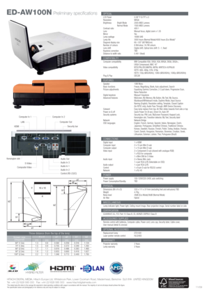 Page 2HITACHI DIGITAL MEDIA, Hitachi Europe Ltd, Whitebrook Park, Lower Cookham Road, Maidenhead, Berkshire  SL6 8YA  UNITED KINGDOM
Tel: +44 (0)1628 585 000   Fax: +44 (0)1628 585 500   www.hitachidigitalmedia.com
*The stated lamp life refers to the average life expected in ideal operating conditions with usage in accordance with the manual. The majority of, but not all lamps should achieve this figure.
The specification above and photography is for reference only and may be subject to change....