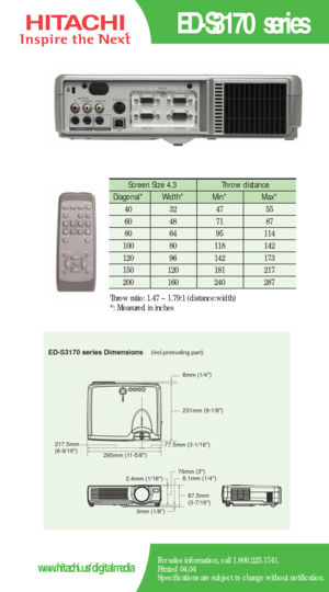 Page 2ED-S3170 series Dimensions(incl.protruding part)
217.5mm 
(8-9/16)
295mm (11-5/8)231mm (9-1/8)
77.5mm (3-1/16)6mm (1/4)
2.4mm (1/16)
3mm (1/8)76mm (3)
6.1mm (1/4)
87.5mm 
(3-7/16)
ED-S3170 series
For sales information, call 1.800.225.1741.
Printed 04.04
Specifications are subject to change without notification.www.hitachi.us/digitalmedia
Screen Size 4.3  Throw distance 
Diagonal*   Width* Min*  Max*  
40   32   47   55  
60   48   71   87  
80   64   95    114   
100   80    118   142  
120   96    142...