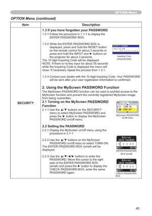 Page 4545
Item Description
SECURITY1.3 If you have forgotten your PASSWORD
1.3-1 Follow the procedure in 1.1-1 to display the 
ENTER PASSWORD BOX.
1.3-2 While the ENTER PASSWORD BOX is 
displayed, press and hold the RESET button 
on the remote control for about 3 seconds or 
SUHVVDQGKROGWKH,1387DQGyEXWWRQVRQ
the projector for about 3 seconds.
The 10 digit Inquiring Code will be displayed. 
NOTE: If there is no key input for about 55 seconds 
while the Inquiring Code is displayed the menu will 
close....