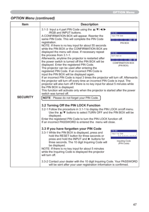 Page 4747
Item Description
SECURITY
,QSXWDSDUW3,1&RGHXVLQJWKHxz{y
/RGB and INPUT buttons.
A CONFIRMATION BOX will appear. Reenter the 
same PIN Code. This will complete the PIN Code 
registration.
NOTE: If there is no key input for about 55 seconds 
while the PIN BOX or the CONFIRMATION BOX are 
displayed the menu will close. If necessary repeat 
the process from 3.1-1.
Afterwards, anytime the projector is restarted after 
the power switch is turned off the PIN BOX will be 
displayed....