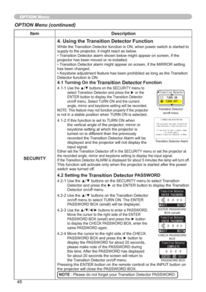 Page 4848
Item Description
SECURITY
4. Using the Transition Detector Function
While the Transition Detector function is ON, when power switch is started to 
supply to the projector, it might react as below.

projector has been moved or re-installed.

has been changed.

Detector function is ON.
4.1 Turning On the Transition Detector Function
4.1-18VHWKHxzEXWWRQVRQWKH6(&85,7