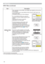 Page 3434
INPUT Menu
Item Description
RESOLUTION
*2The resolution for the RGB1 and RGB2 input signals can be set on 
this projector.
,QWKH,1387PHQXVHOHFW5(62/87,21XVLQJWKHxzEXWWRQVDQG
SUHVVWKHyEXWWRQ
The RESOLUTION menu will be displayed.
(2)  In the RESOLUTION menu select the 
UHVROXWLRQ\RXZLVKWRGLVSOD\XVLQJWKHxz
buttons.
Selecting AUTO will set a resolution 
appropriate to the input signal.
3UHVVLQJWKHyRU(QWHUEXWWRQZKHQ
selecting a STANDARD resolution will...