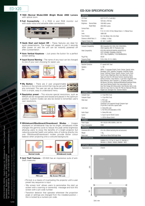 Page 2EDX20
l1500 (Normal Mode)/2000 (Bright Mode) ANSI Lumenswith optical zoom.
lFull Connectivity2 xRGB in and RGB monitor out
with audio in/out and versatile video connections.
lQuick Start and Instant Off–These features are ideal for 
quick presentations. The image will appear in just 3 seconds
after power on and the unit can be instantly powered off 
after a presentation.
lAuto Vertical Keystone–Just press the button for a perfect
screen setting.
lInput Source Naming–The name of any input can be changed...